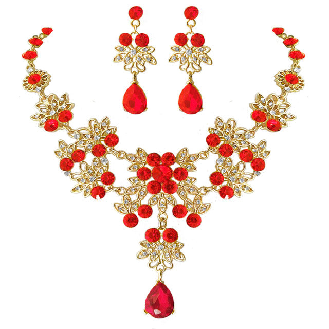 Retro Gold Red Green Blue Crystal Bridal Jewelry Sets