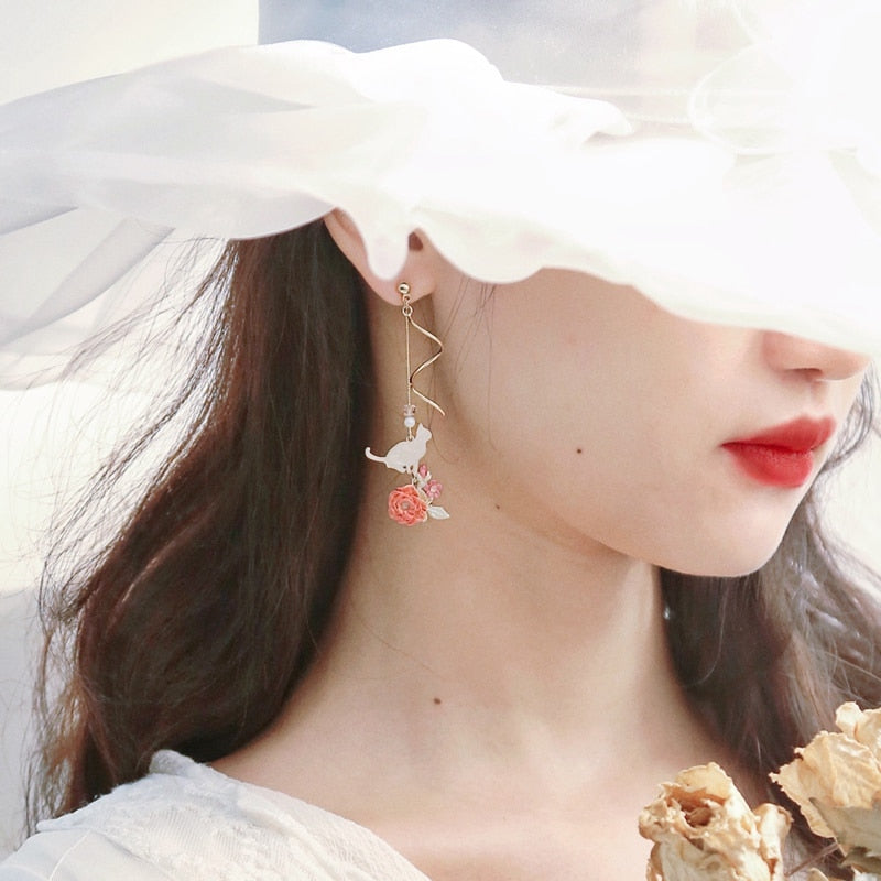 New Elegant Metal Flower Cute Cat Dangle Earrings For Women