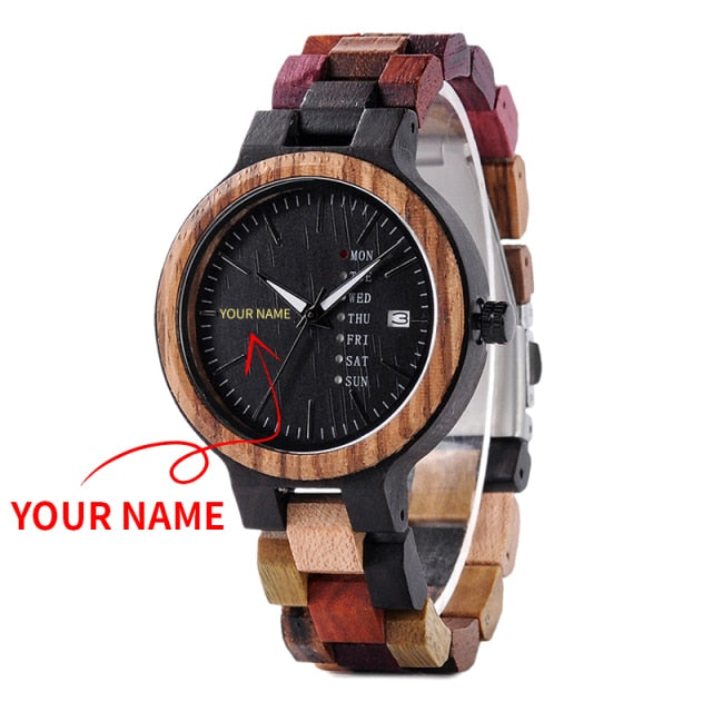 Quartz Week Date Display Wood Watch