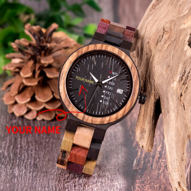 Quartz Week Date Display Wood Watch