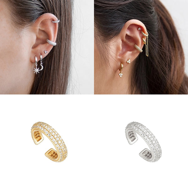 Pendientes de lujo con forma de C y tres filas de circonitas, sin perforaciones
