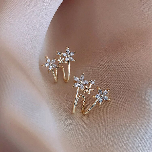 Pendientes de clip con flores de cristal dulces, clásicos coreanos