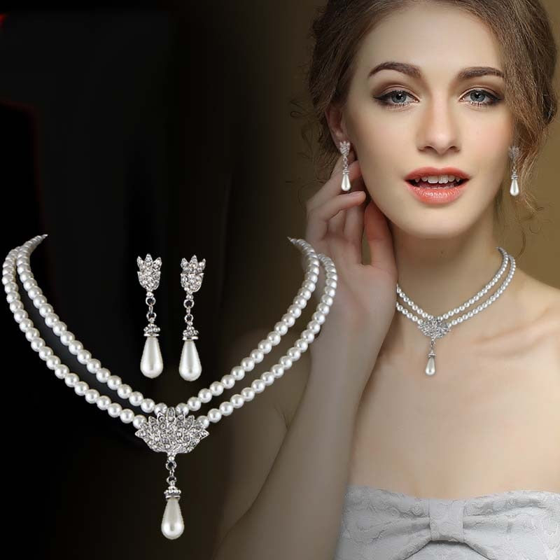 Bride Pearl Crystal With Short Collarbone Neck Necklace Set