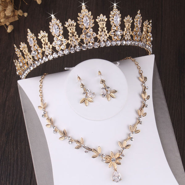 Conjuntos de joyas nupciales barrocas vintage con hojas de cristal y oro