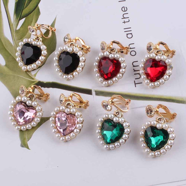 4 color New Korean Charm Pearl Love Heart Clip on Earrings for Women