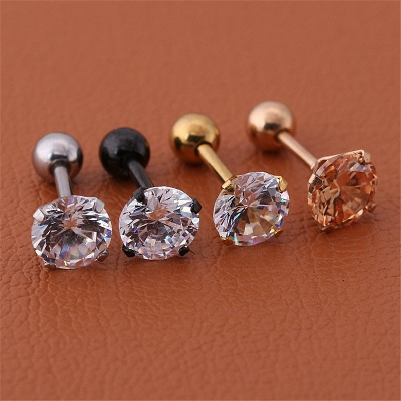 4 Colors Punk Titanium Steel Needle Zircon Crystal Stud Earrings