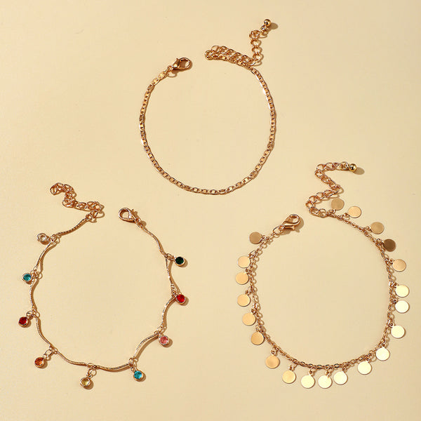 Juego de 3 tobilleras con borlas de diamantes de imitación de colores para mujer