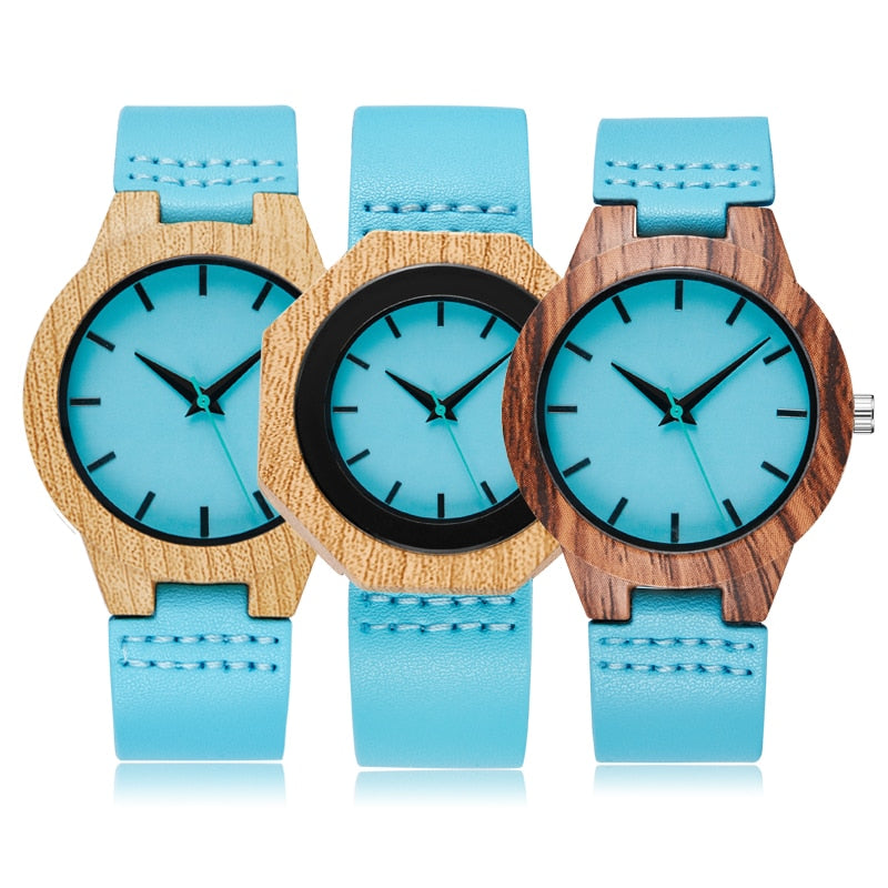 Creative Imitation Wood Quartz Blue Dial Hexagon Case Watches