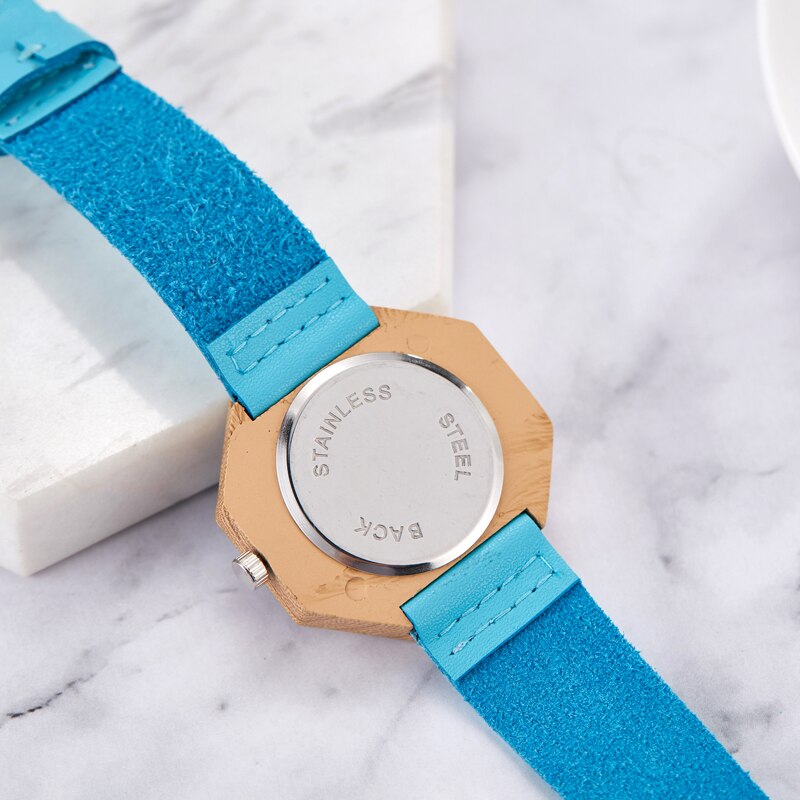 Creative Imitation Wood Quartz Blue Dial Hexagon Case Watches