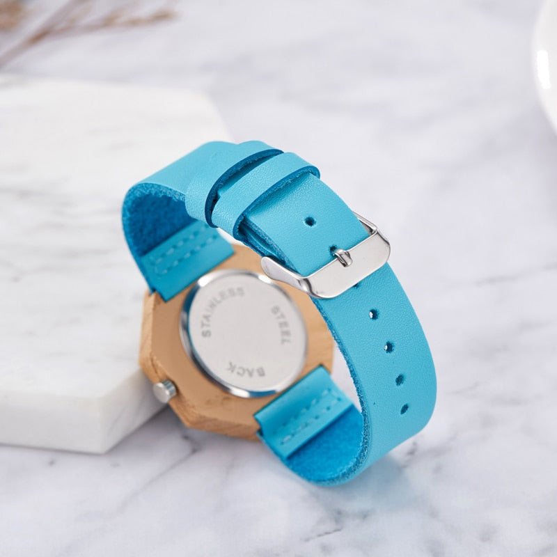 Creative Imitation Wood Quartz Blue Dial Hexagon Case Watches