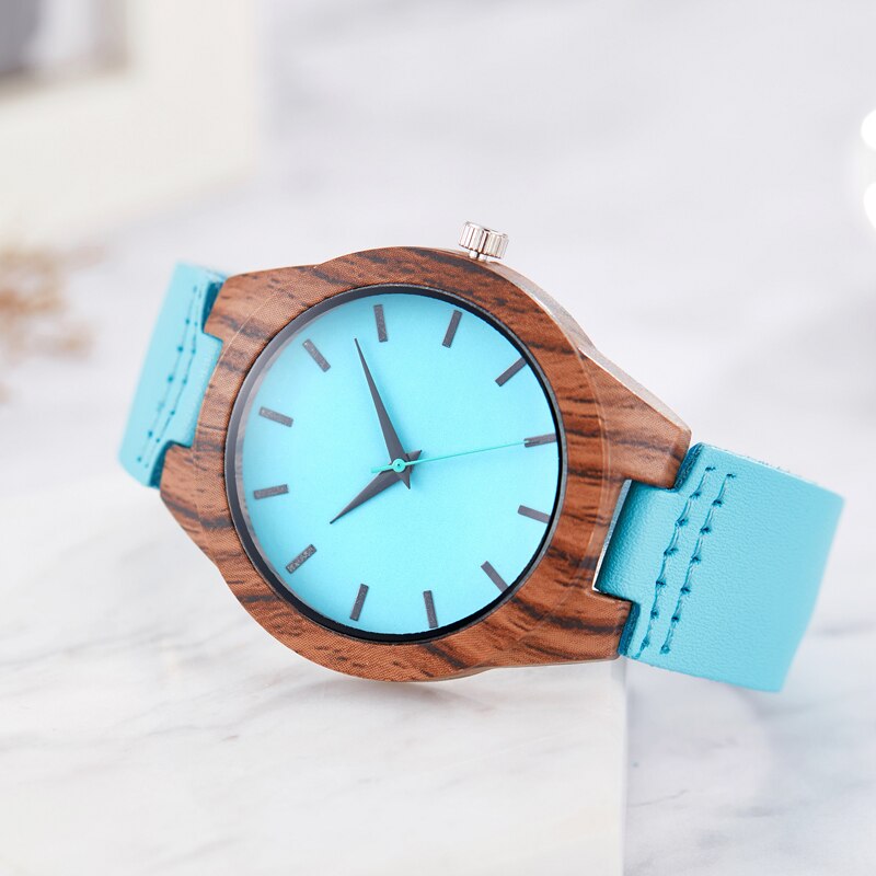 Creative Imitation Wood Quartz Blue Dial Hexagon Case Watches