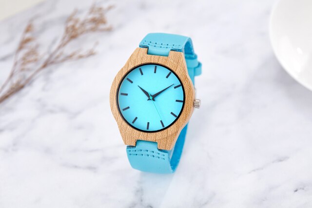 Creative Imitation Wood Quartz Blue Dial Hexagon Case Watches