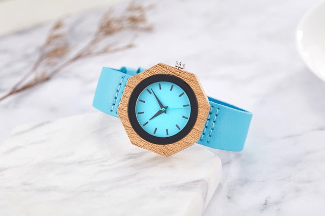 Creative Imitation Wood Quartz Blue Dial Hexagon Case Watches