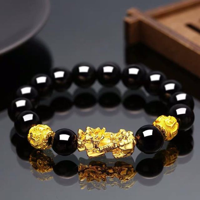 Buddhism Feng Shui Obsidian Stone Beads Bracelet Men Women