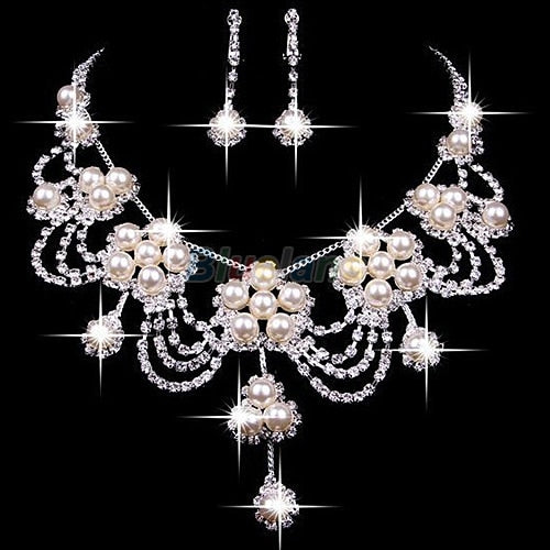 Sliver Plated Rhinestone Crystal Faux Pearl Necklace+Earring Set