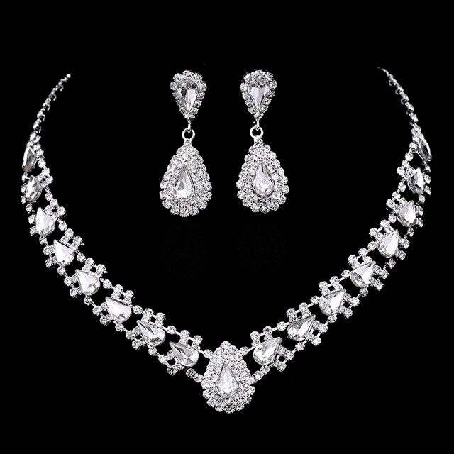 Luxury Silver Color Crystal Choker Necklace Earrings Jewelry Set