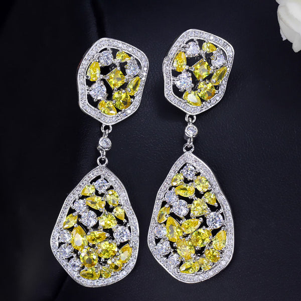 Sparkling White Gold Color Big Yellow Crystal Stone Long Dangle Drop Prom Party Earring