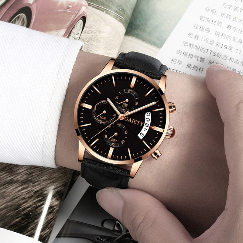 men Fashion Sport Stainless Steel Case Leather Band watch
