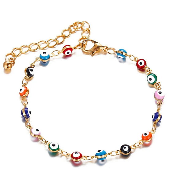 Pulsera de tobillo con ojo malvado multicolor dorado para la moda