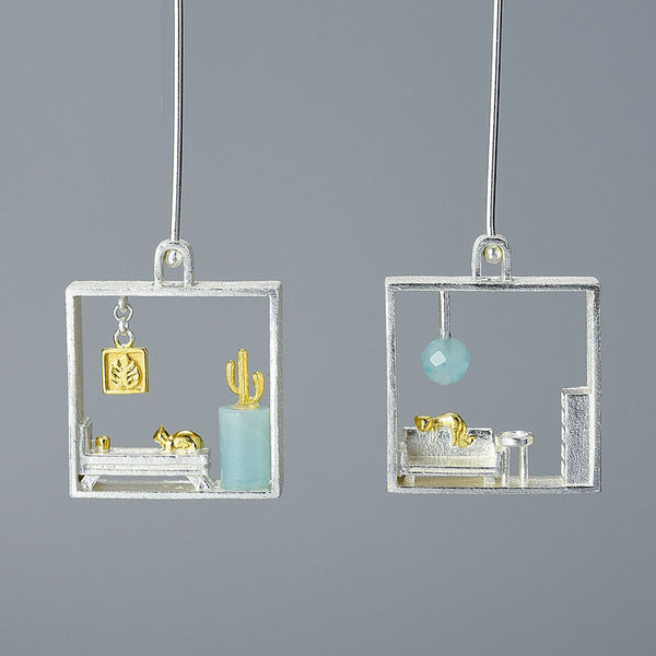 Pendientes colgantes cuadrados grandes de gato perezoso en casa de plata de ley 925 para mujer