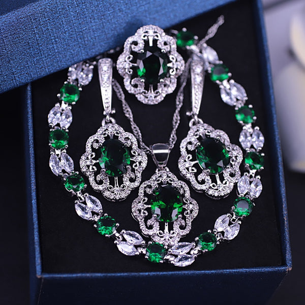 silver color jewelry for women bracelet earrings ring necklace set