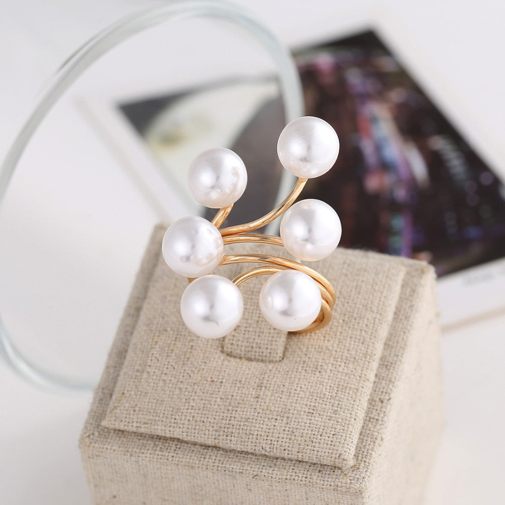 Fashion Elegant Imitation Pearl Adjustable Opening Rings For Women