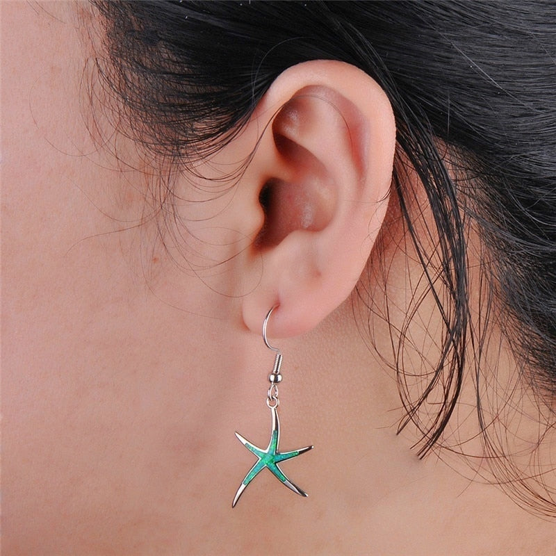 Cute Starfish Shape Blue Imitation Fire Opal Drop Dangle Hook Earrings