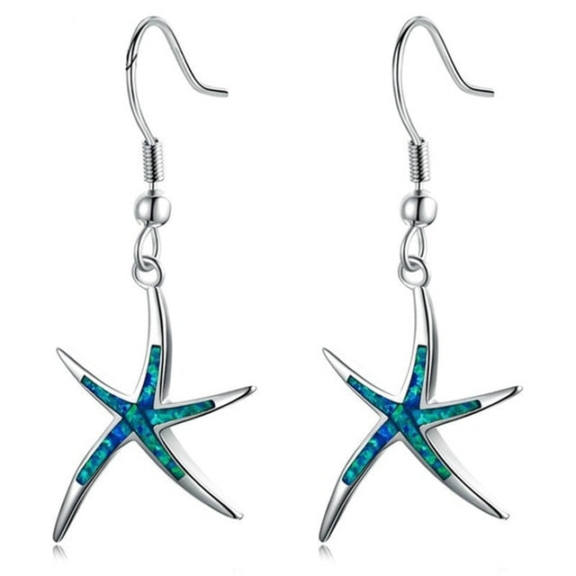 Cute Starfish Shape Blue Imitation Fire Opal Drop Dangle Hook Earrings