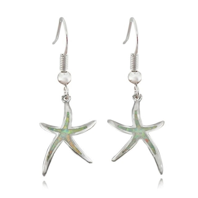 Cute Starfish Shape Blue Imitation Fire Opal Drop Dangle Hook Earrings