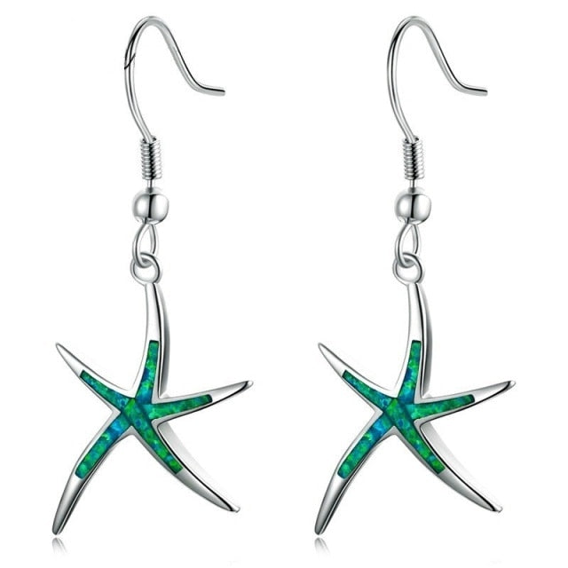 Cute Starfish Shape Blue Imitation Fire Opal Drop Dangle Hook Earrings