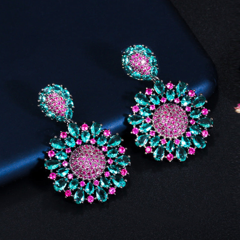 Designer Shiny Rose Red CZ Stone Big Round Flower Statement Dangle Earrings