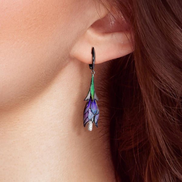 Pendientes de plata de ley 925 con diseño de flor morada