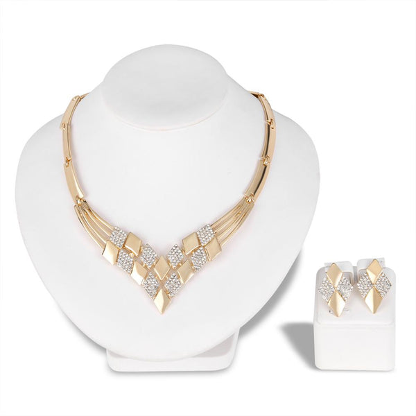 KC Rhombus Shape Necklace Earrings Rhinestones Party Jewelry Set