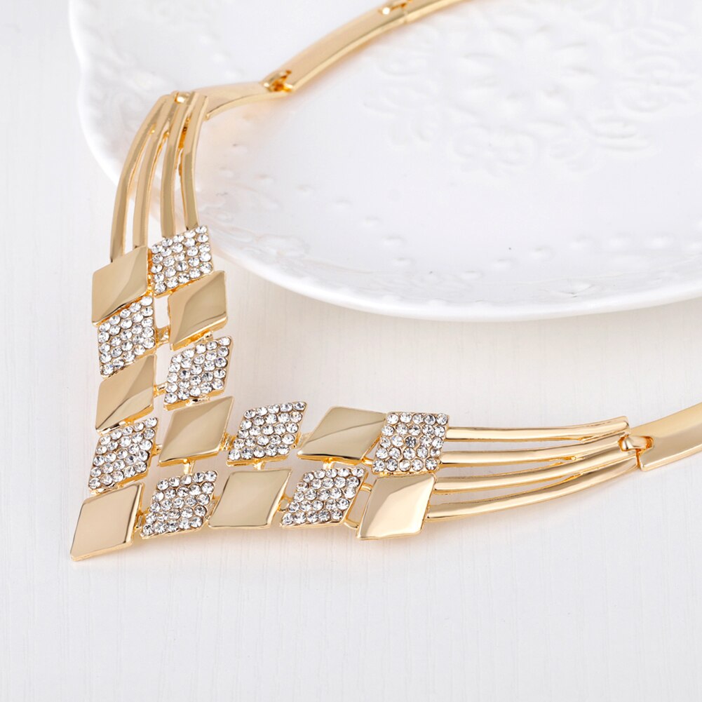 KC Rhombus Shape Necklace Earrings Rhinestones Party Jewelry Set