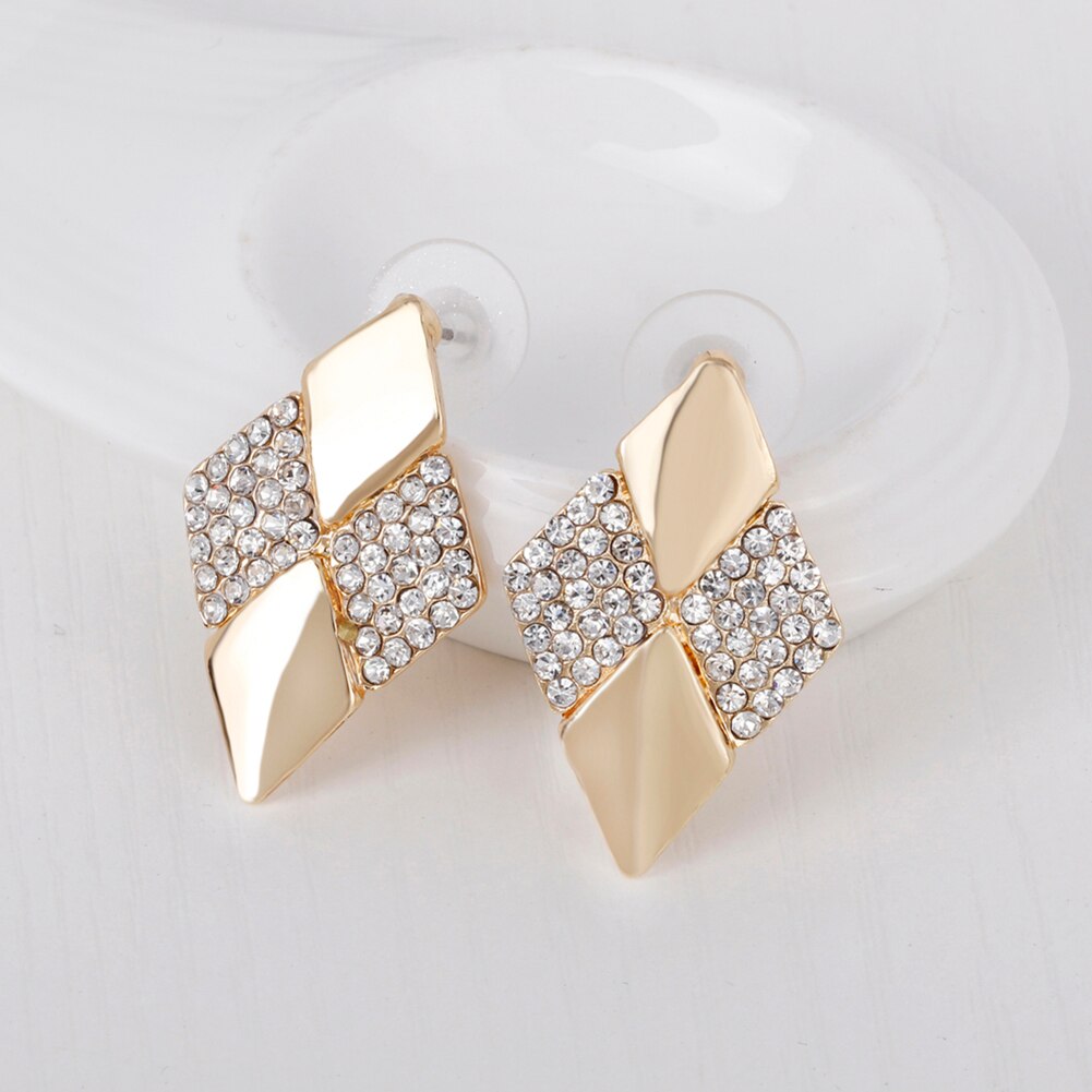 KC Rhombus Shape Necklace Earrings Rhinestones Party Jewelry Set