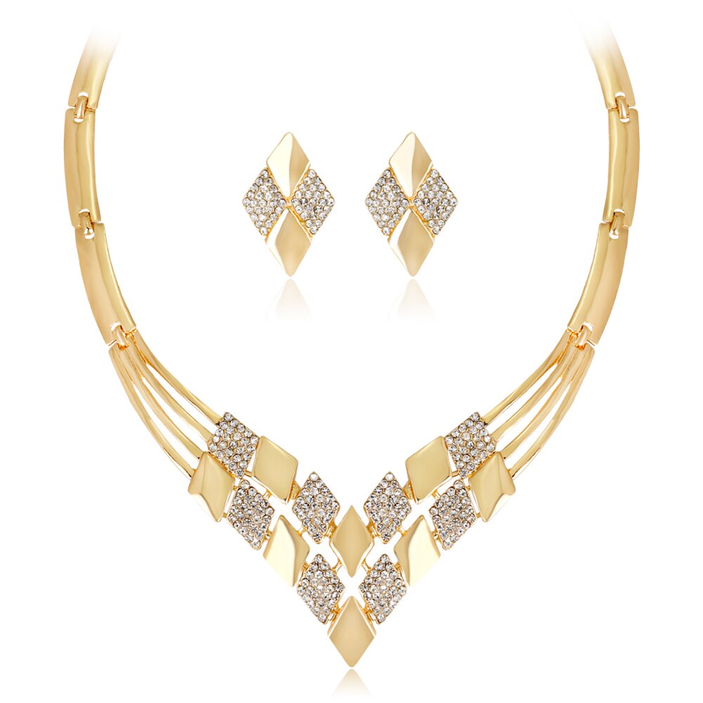 KC Rhombus Shape Necklace Earrings Rhinestones Party Jewelry Set