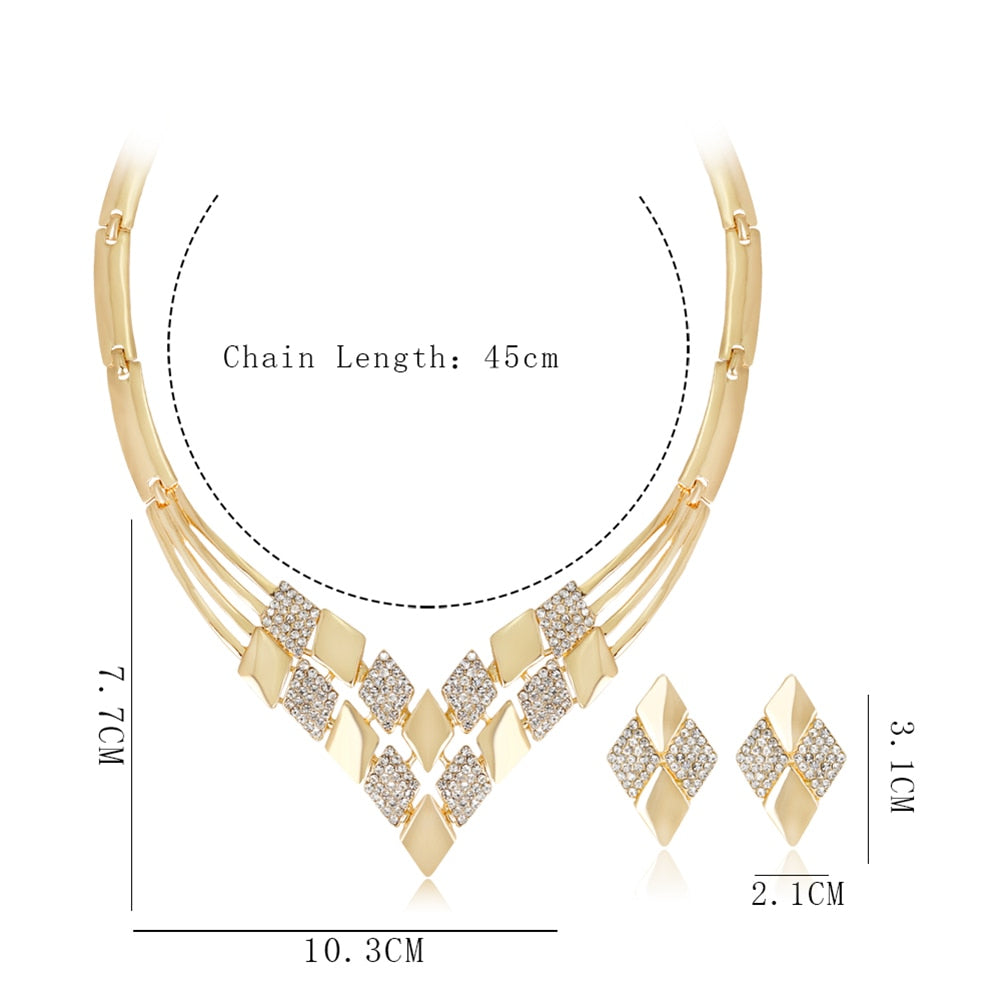 KC Rhombus Shape Necklace Earrings Rhinestones Party Jewelry Set