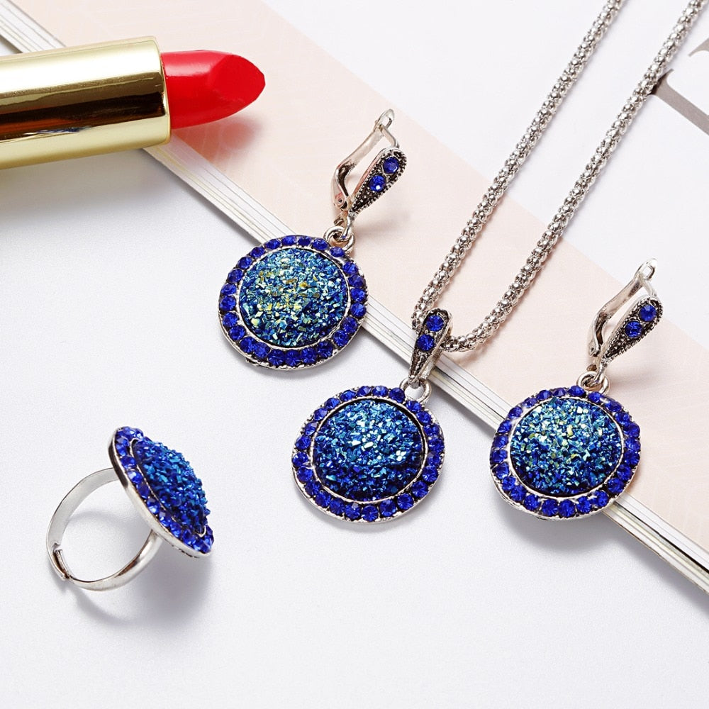 Crystal Round Broken Stone Necklace Earrings Sets