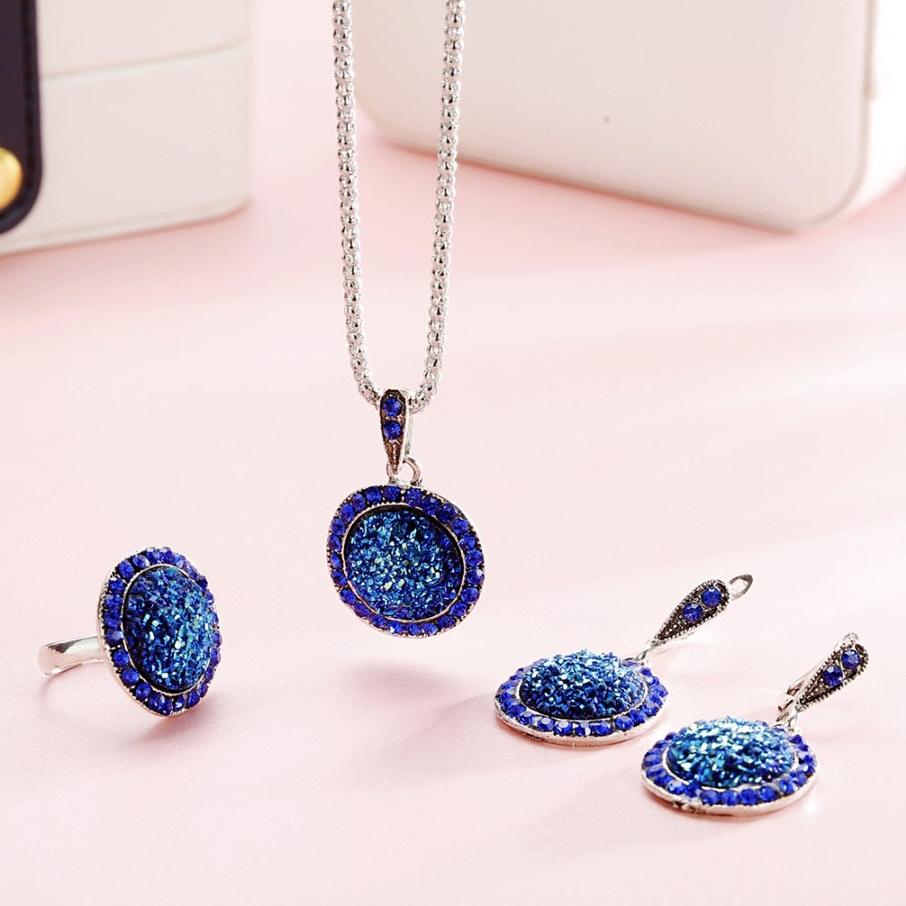 Crystal Round Broken Stone Necklace Earrings Sets