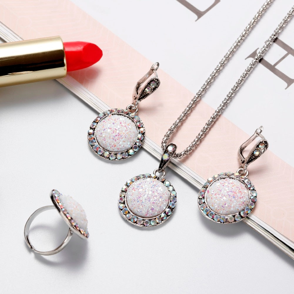 Crystal Round Broken Stone Necklace Earrings Sets