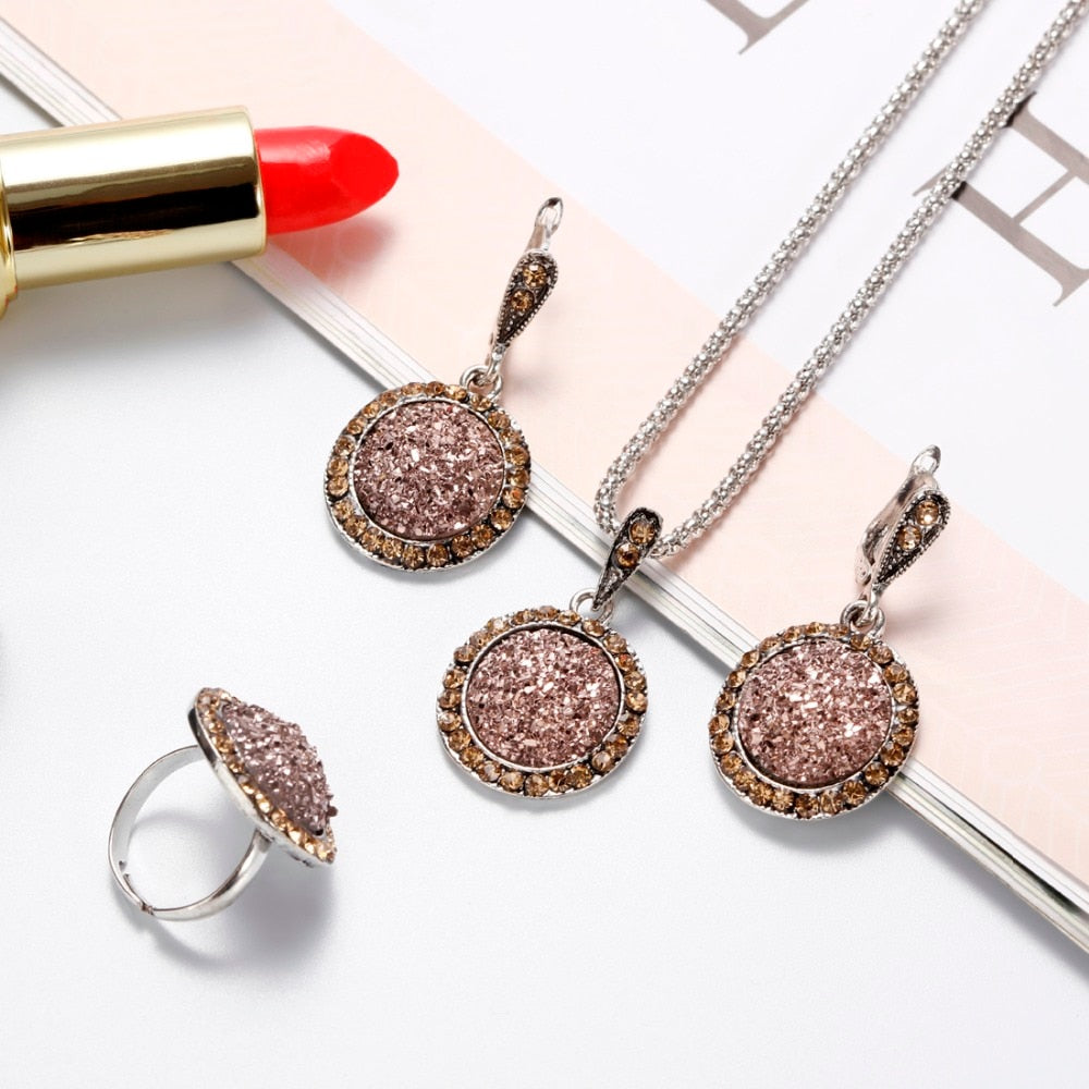 Crystal Round Broken Stone Necklace Earrings Sets