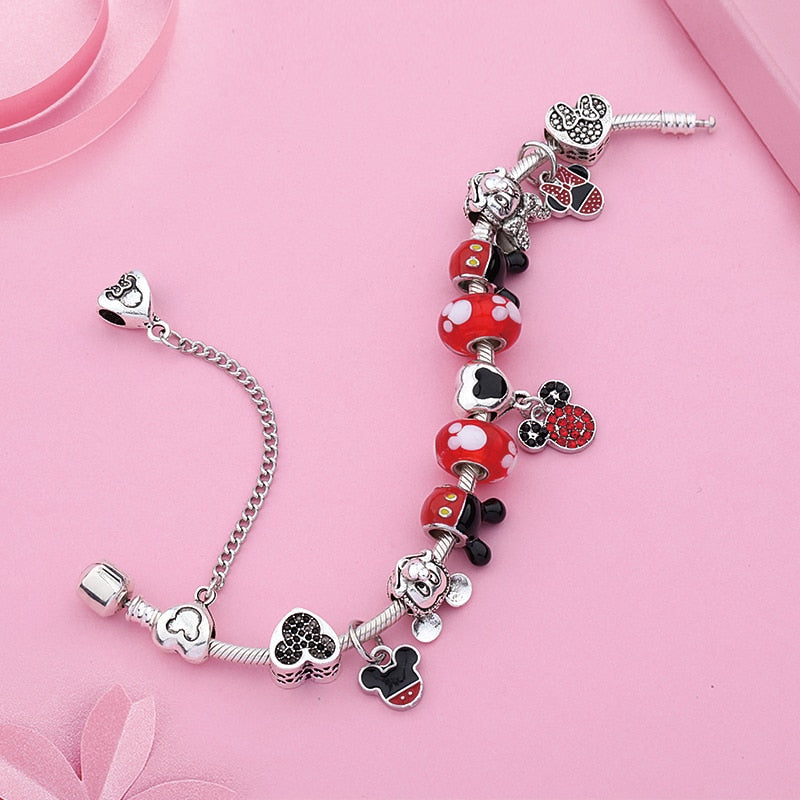 Red Crystal Mickey Minnie Pendant Bead Bracelet