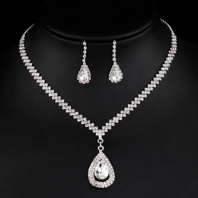 Pearls Crystal Necklace Earrings Bridal Jewelry Sets