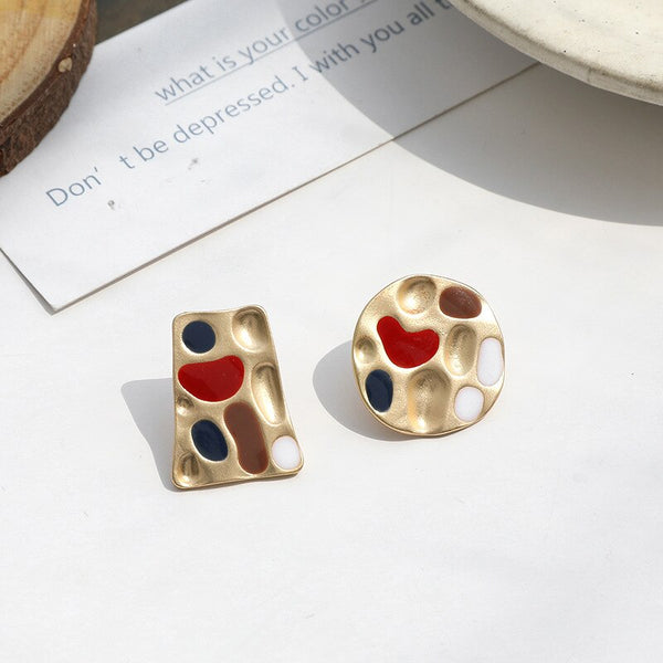 Vintage Colorful Enamel Geometric Round Square Hammer Matte Gold Clip On Earrings