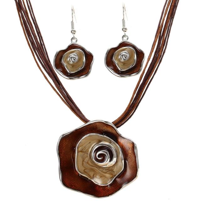 Leather Multi Ropes Geometry Pendant Necklaces Earrings Sets