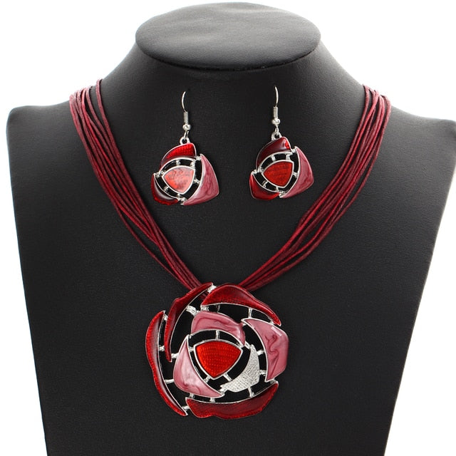 Leather Multi Ropes Geometry Pendant Necklaces Earrings Sets