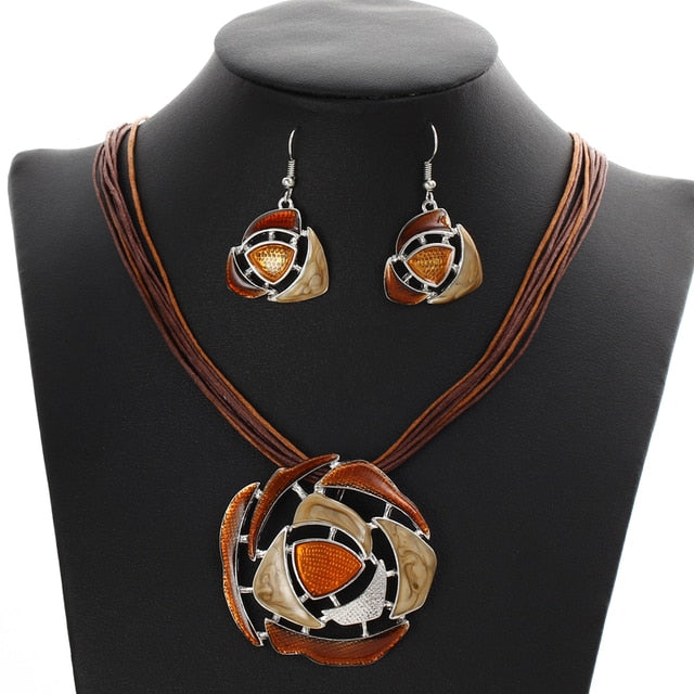 Leather Multi Ropes Geometry Pendant Necklaces Earrings Sets