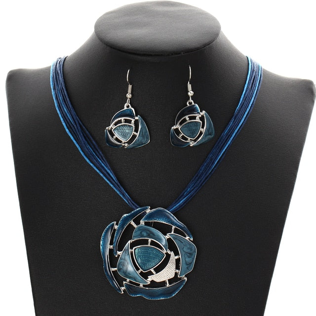 Leather Multi Ropes Geometry Pendant Necklaces Earrings Sets