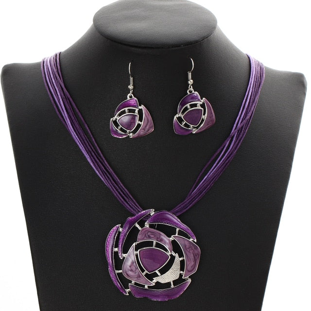 Leather Multi Ropes Geometry Pendant Necklaces Earrings Sets