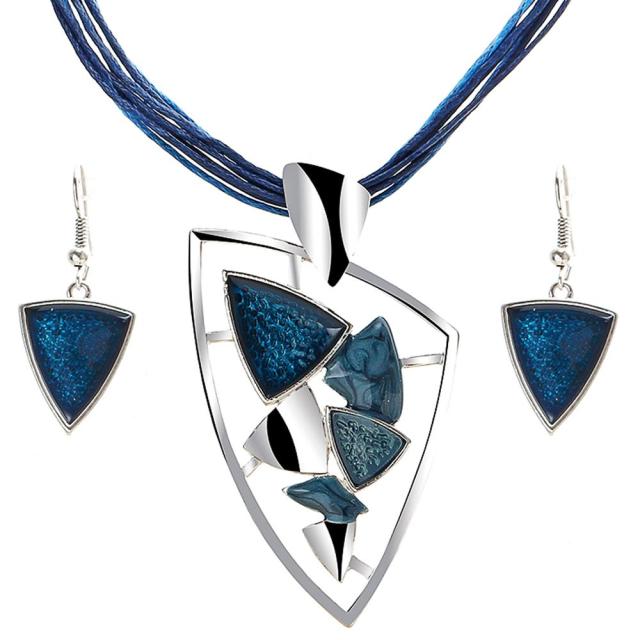 Leather Multi Ropes Geometry Pendant Necklaces Earrings Sets